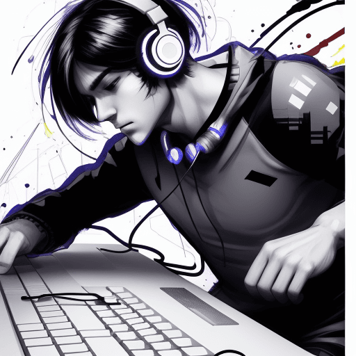 AI generated: male, typing on keyboard, wearing headphones, looking towards viewer, active pose, hyperanime, scetc...