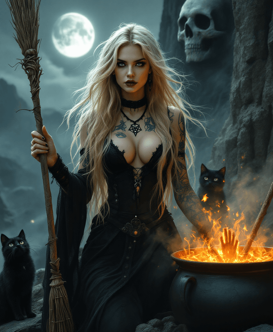 AI generated: A photorealistic, ((UHD)) studio quality portrait of a beautiful blonde witch with extremely long ha...