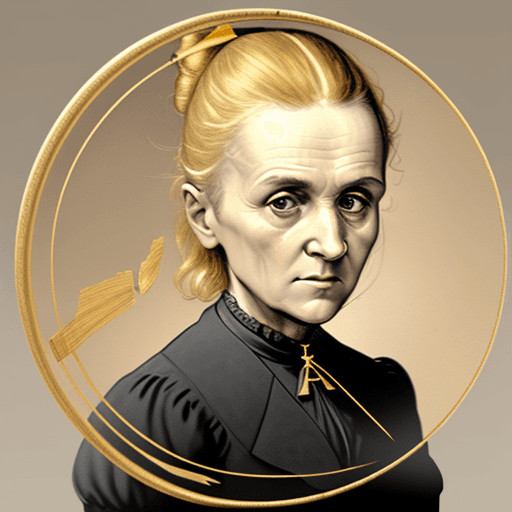 AI generated: Marie Curie, caricature, landscape agent greek, golden thin sticks in circle, thinking, lookin like ...