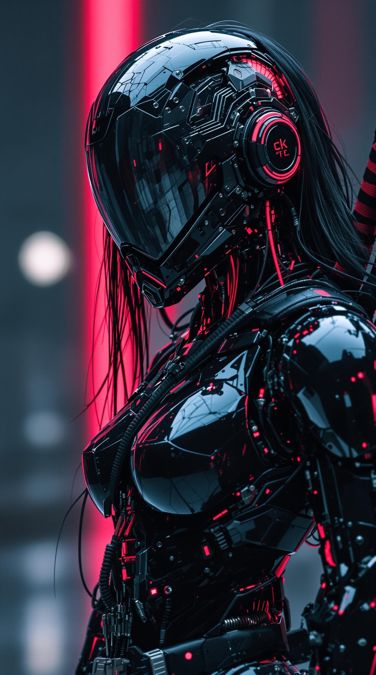 AI generated: in the style of ck-sfc, storm trooper cyberpunk robot samurai, robot face with mirrored transparent ...