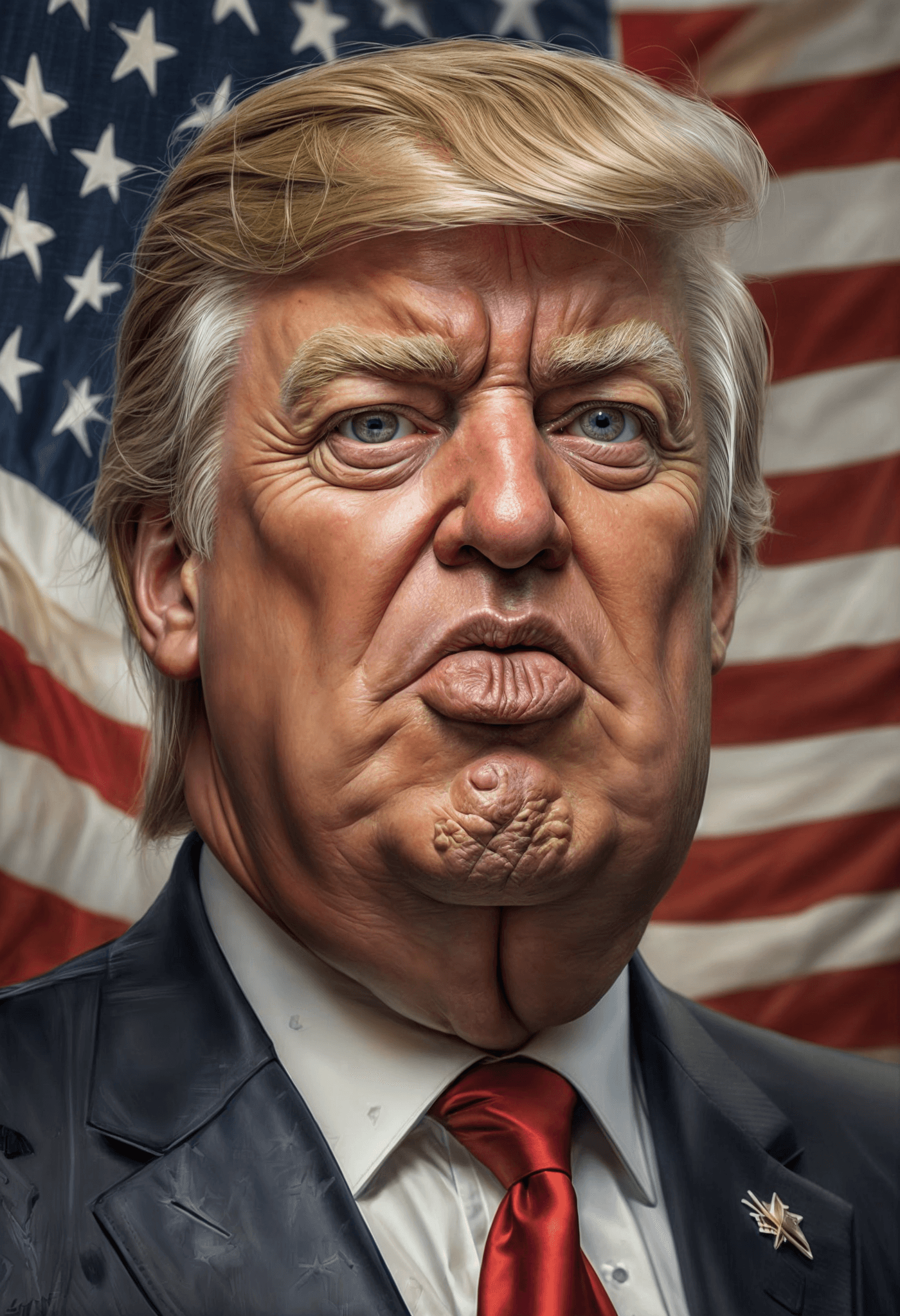 AI generated: Caricature of Donald Trump,,angry view,intricate details,stars and stripes