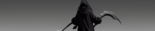 AI generated:  a child holding a scythe of the Grim Reaper with their back facing the camera