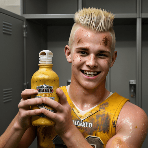 AI generated: grinning young handsome caucasian american football player with a short blonde mohawk, sweaty and mu...