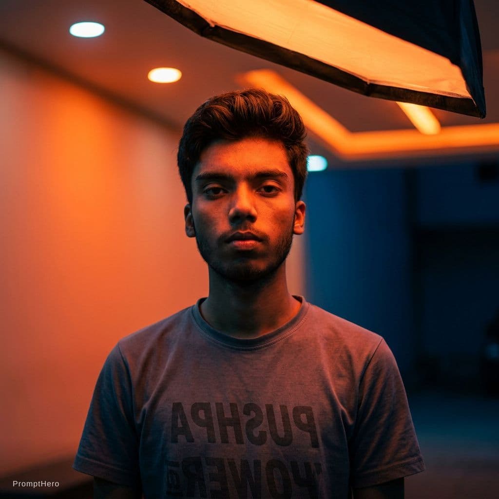 AI generated: editorial photography, male model, 50mm f/1.2 RF lens, f/2.8 set, 1/160s, iso 100, gradient neon ora...