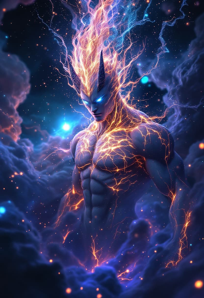 AI generated: God of Expansion and Compression full-body, Etherial, muscular, Glowing light blue eyes, epic, cinem...