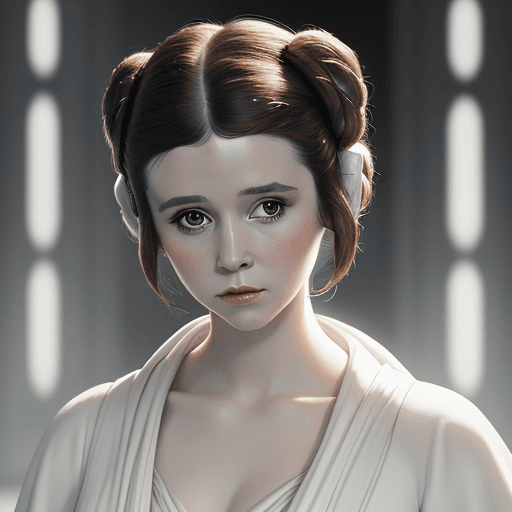 AI generated: masterpiece, a portrait picture of a princess Leia from Star Wars wearing classic white robes, centr...