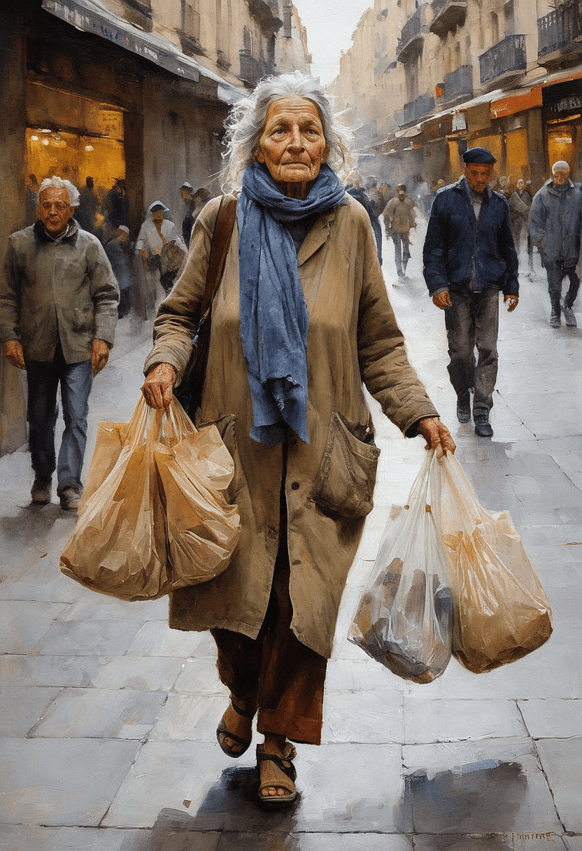 AI generated: An oil painting image of a homeless woman carrying plastic bag walking on the street 