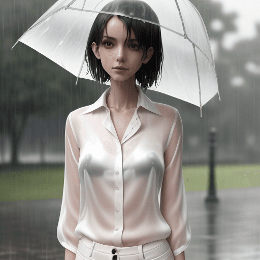 AI generated: a skinny girl wearing a wet white silk blouse under the rain in a park