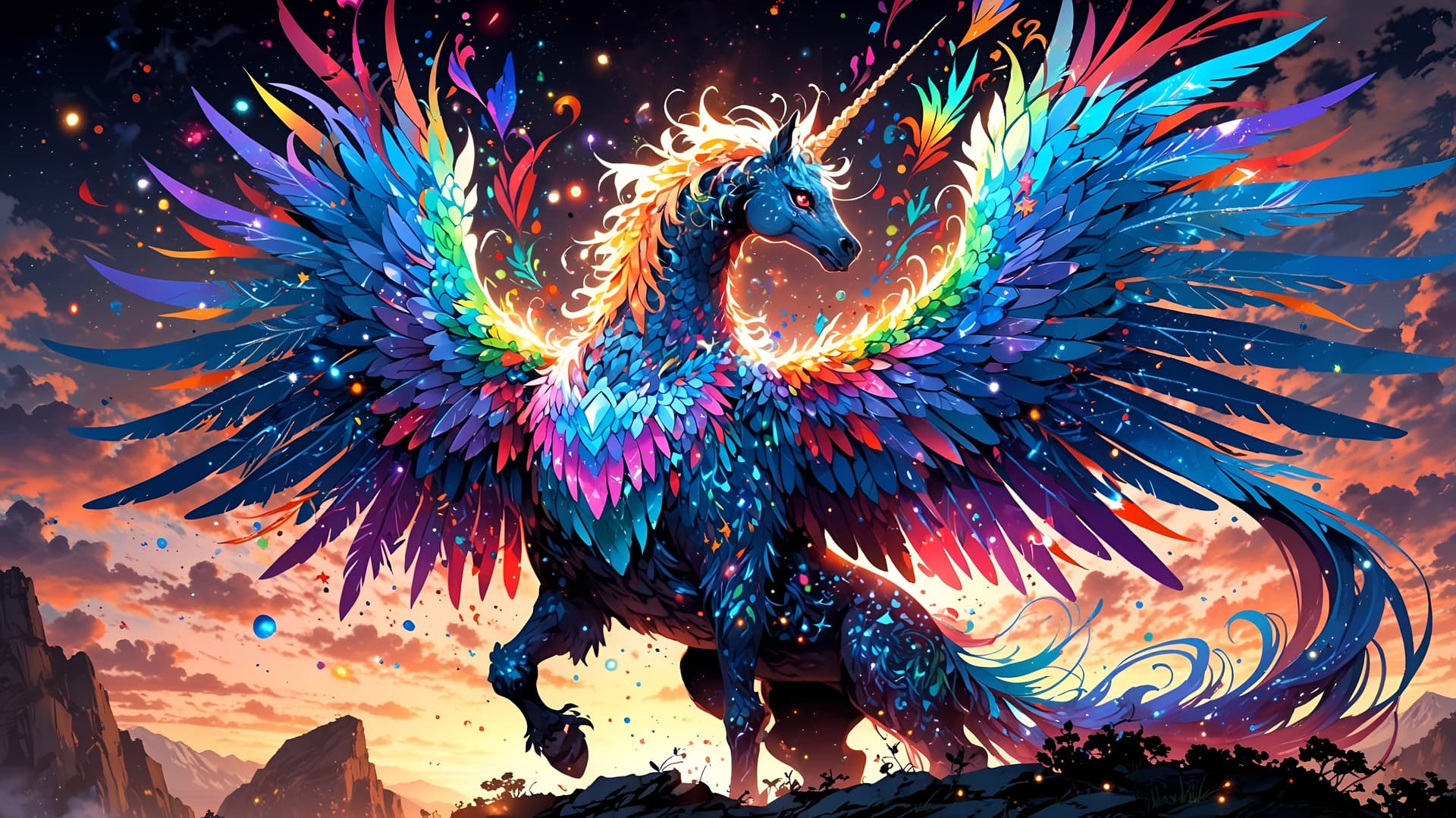 AI generated: In a whimsically sparkling painting, a fantastical creature stands tall, covered in shimmering sequi...