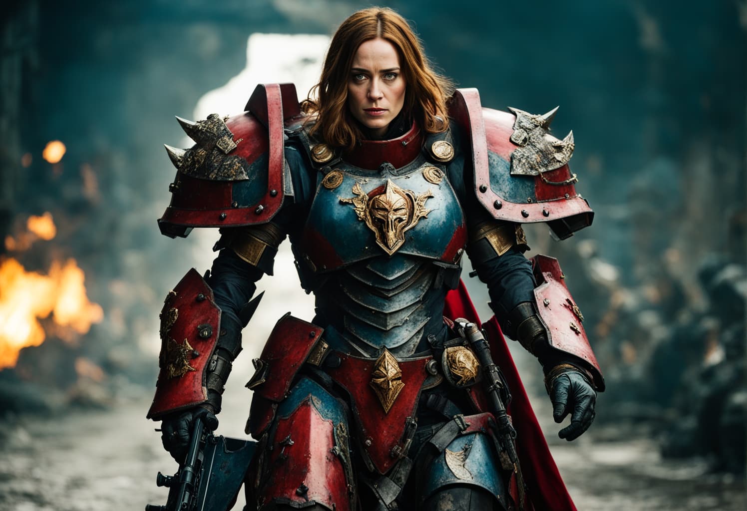 AI generated: 500mm grunge portrait photo, Emily Blunt as a sister of battle in action-packed scene based on Warha...