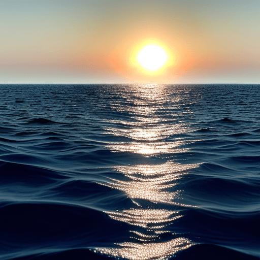 AI generated: view from the water surface of an empty ocean with no waves, a distant horizon, and hazy sky. The su...
