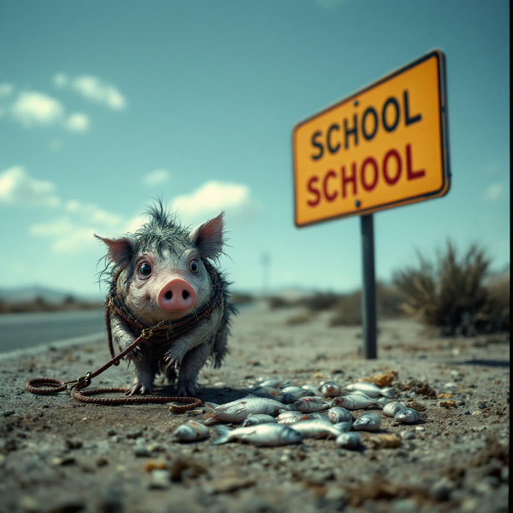 AI generated: a picture of a creature half fish, half pig, wet pig is hairy,with a leash tied to a school sign in ...