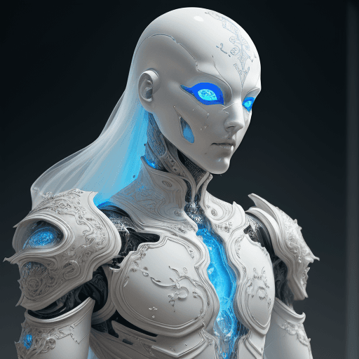 AI generated: humanoid android, covered in white porcelain skin, blue eyes, white wispy ghost wearing ornate armou...