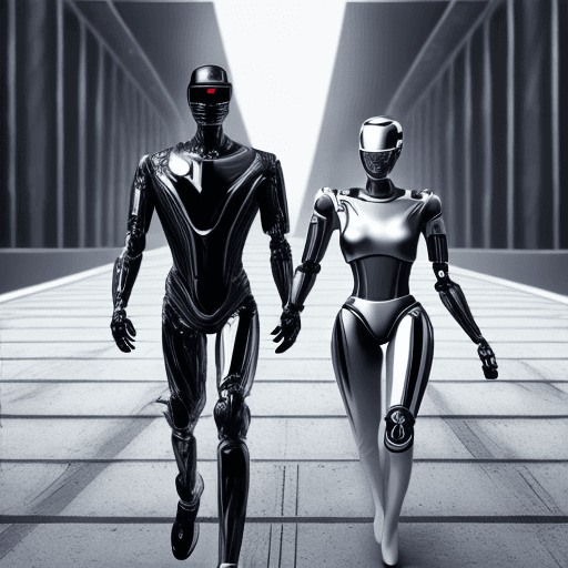 AI generated: hyper realistic robot black and white metallic color body , in future time walking with handsome hum...