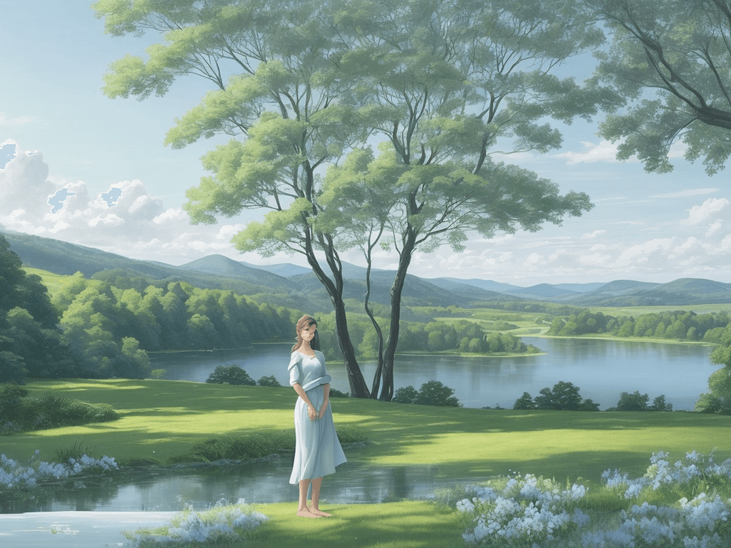 AI generated: The background is a picturesque landscape with rolling hills, trees, and a body of water in the dist...