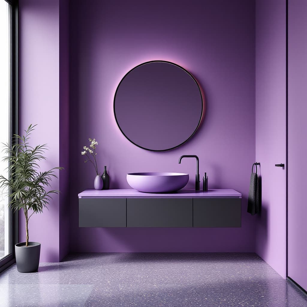 AI generated: contemporary bathroom interior, perspective, sleek top bowl basin, matte purple and matte black colo...
