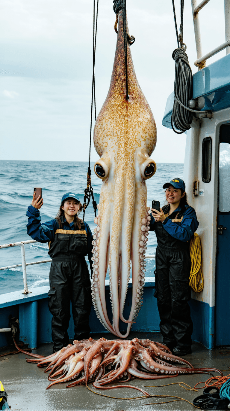 AI generated: A full-length photograph of two female fishermen on a fishing boat with a giant squid. The giant squ...