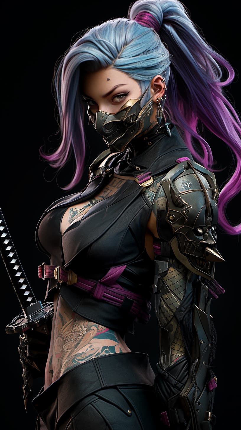 AI generated: Mortal Kombat Sindel, youth, cyberpunk, outdoor, street, silver, hyperrealism, photorealistic, 8k, u...