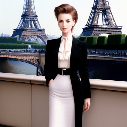 AI generated:  Elegant lady in kleines Schwarzes.ipg  standing in front of the Eiffel tower 1995s fashion style --...