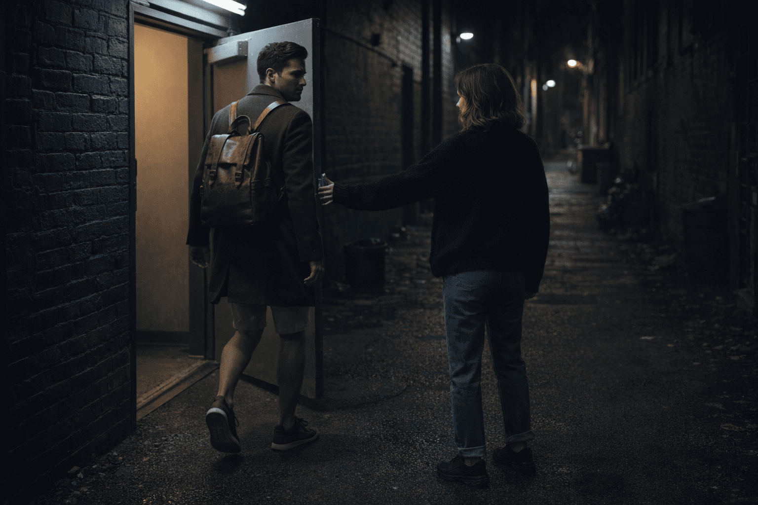 AI generated: At night. The male model is coming out from the back door to a dark ally with the back door open. Th...