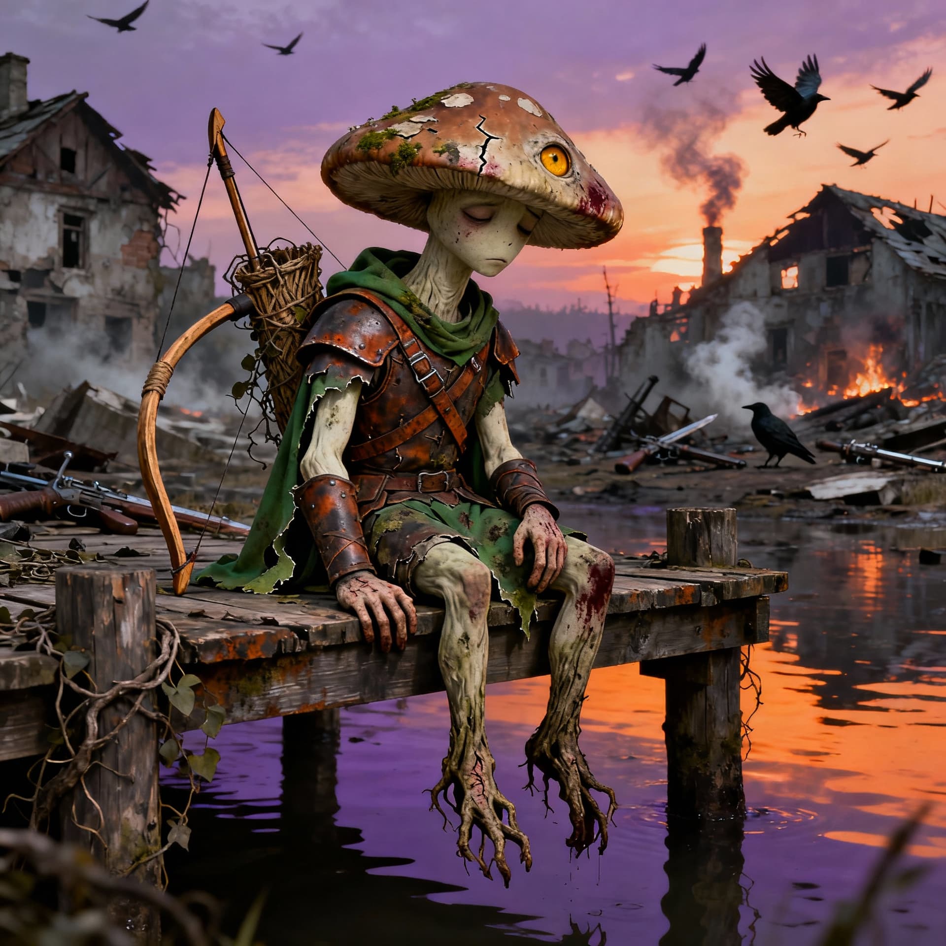 AI generated: "Un cansado arquero hongo sentado solo en un muelle de madera desgastado al atardecer, con las piern...