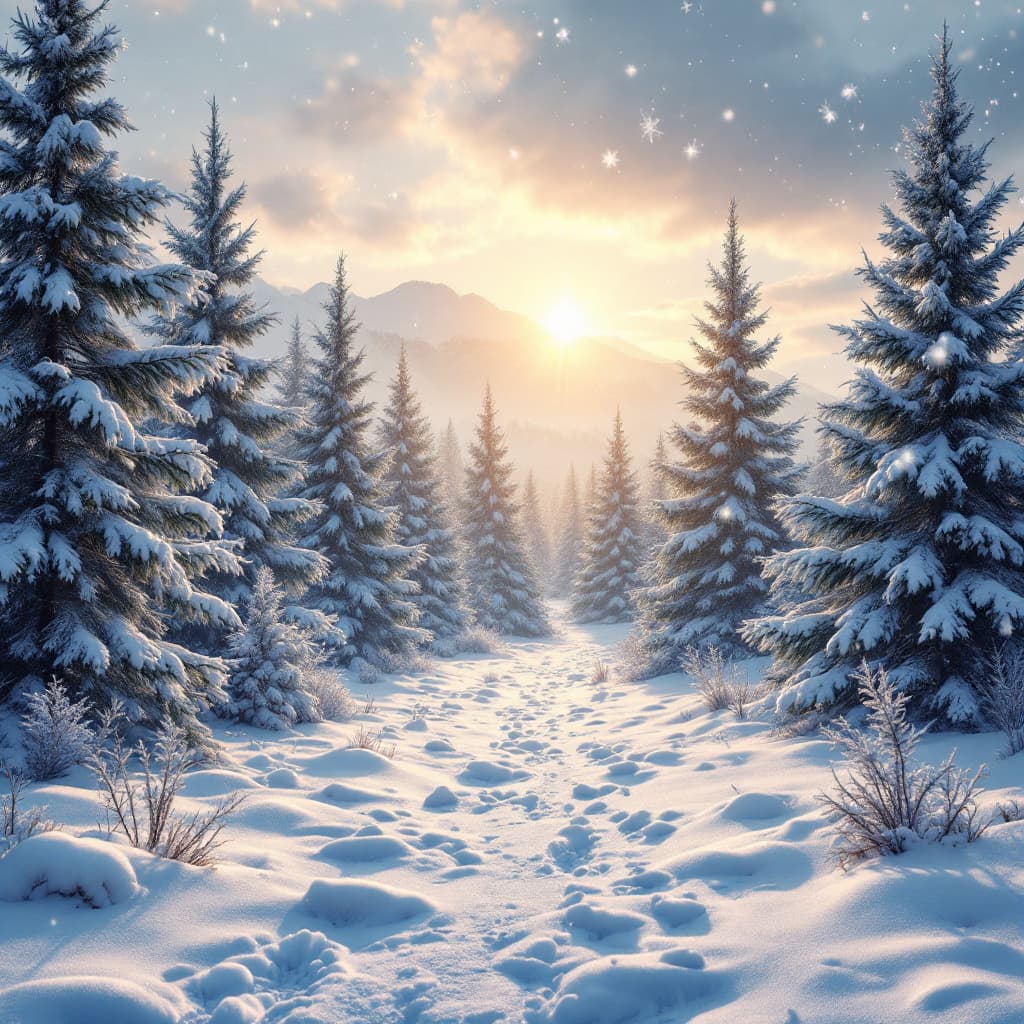 AI generated: Photo of a ultra realistic Christmas image which will be snowy landscape and the pine trees. Put som...