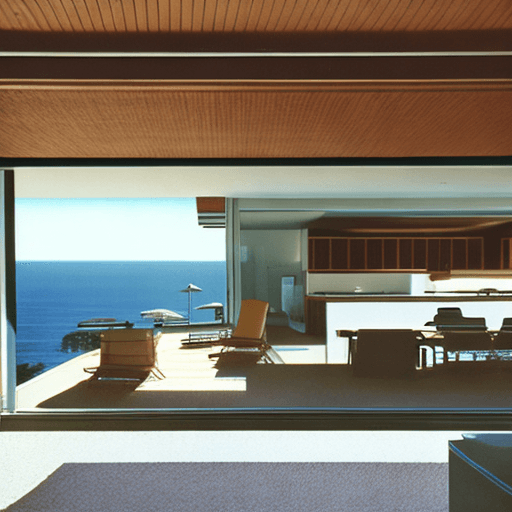 AI generated: Hyper realistic eye level exterior photo of a mid century modern style house overlooking the ocean, ...