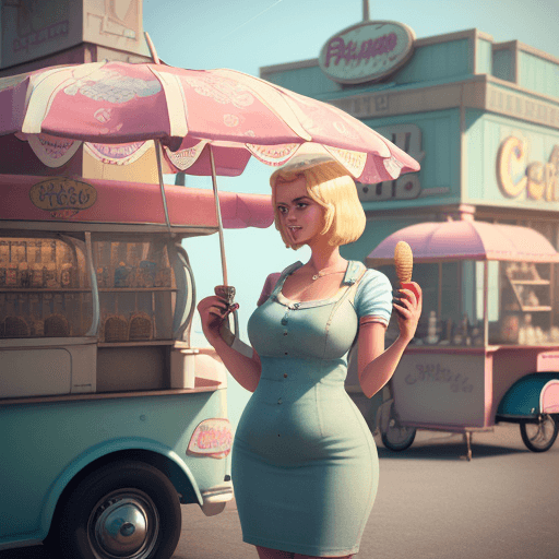 AI generated: A captivating 3D render of a young, blonde woman standing beside a vintage ice cream stand, exuding ...