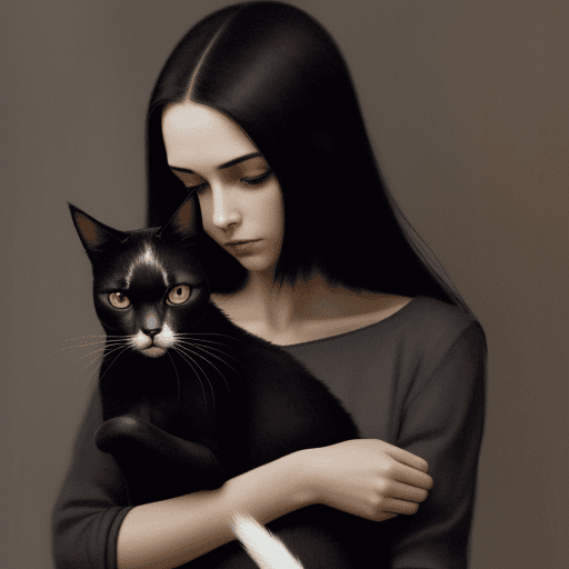 AI generated: an abstract image of a woman holding her cat, dark muted tones,