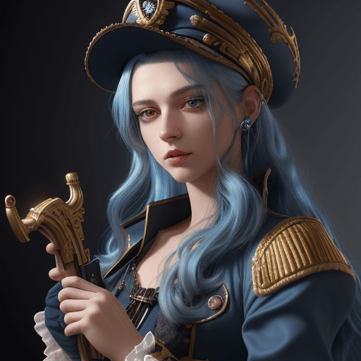 AI generated: Vladilena Milize, blue hair, long hair, with a brilliant, shine hair and glow, navy hat, clothes ent...