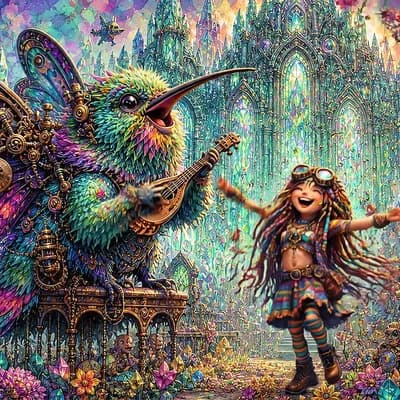 AI generated video: Whimsical fantasy animation featuring a longhaired fluffy Wyldepunk Bunyip-Hummingbird polymorphic h...