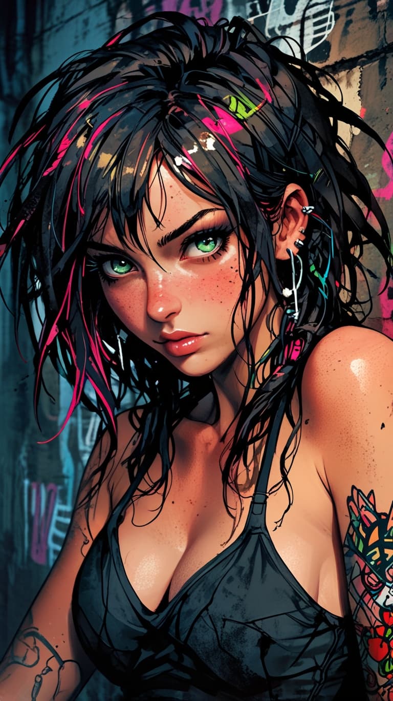 AI generated: A grittily enchanting nymph, her delicate features a stark contrast to the urban decay surrounding h...