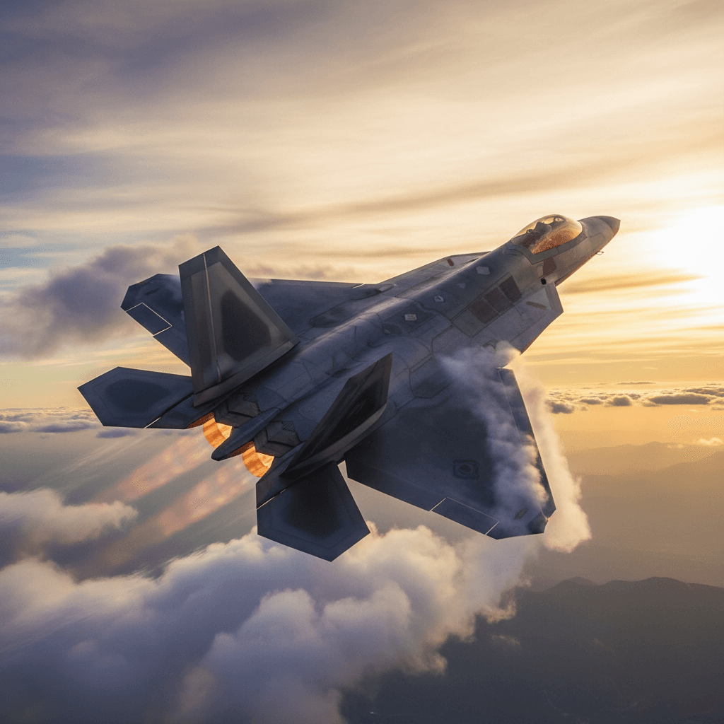 AI generated: "An F-22 Raptor soaring through the clouds — low-angle tracking shot, afterburners glowing against a...