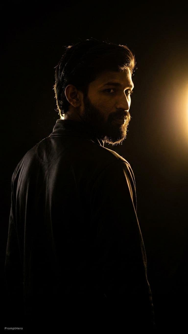 AI generated: With a black background a back shot of me looking a side  wearing a black track suit shot  is above ...