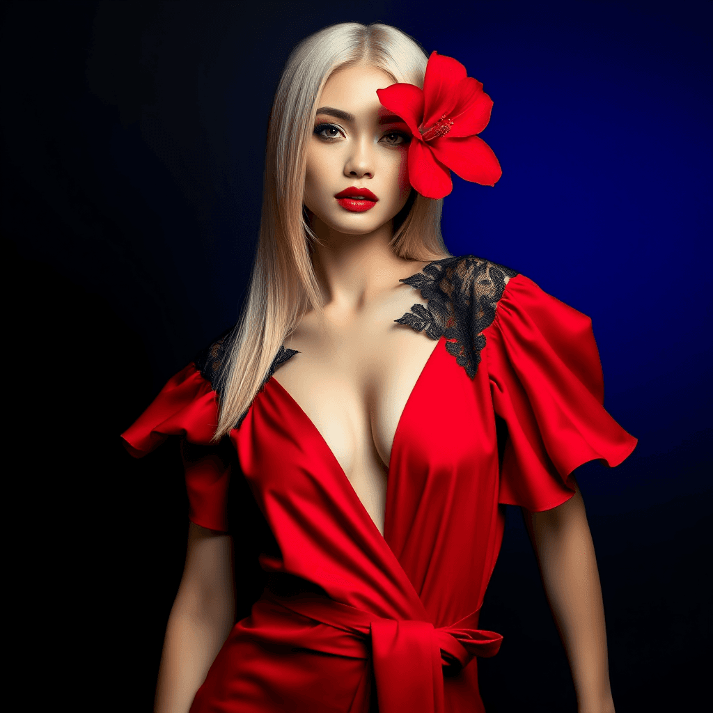 AI generated: This is a 4k photograph of a strikingly elegant woman in a dramatic, avant-garde pose. She is wearin...