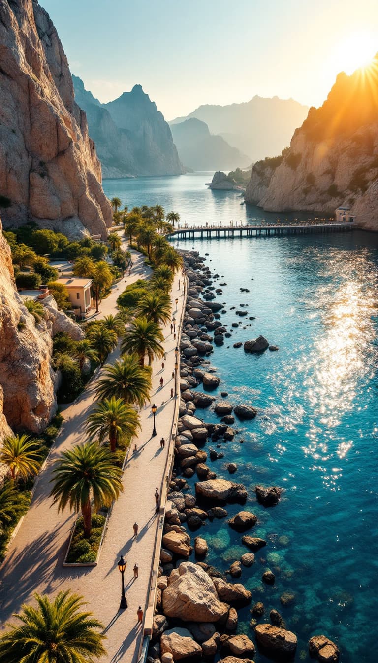 AI generated: An aerial drone view of a beautiful waterfront promenade in Crimea. The scene showcases a winding pa...