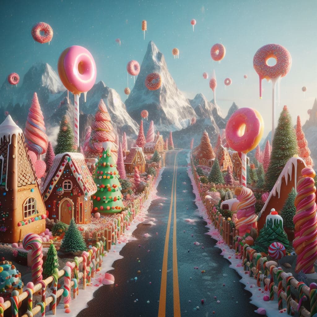 AI generated: chewing gum trees, candy street, donut rain, chocolate mountains, candy cane fences, houses made of ...