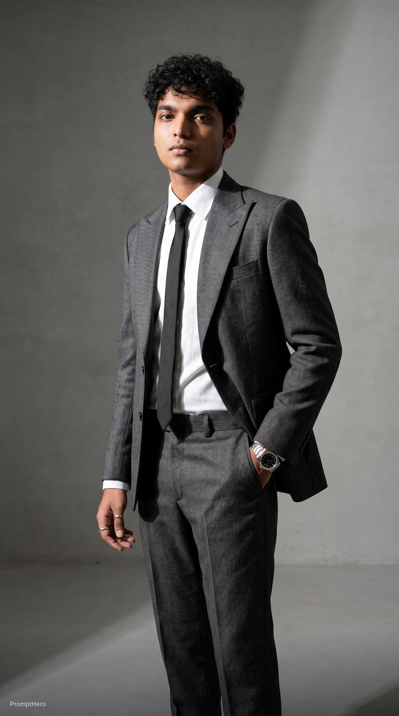 AI generated: Generate a high-end fashion image of a male model wearing a tailored modern suit with sharp lapels a...