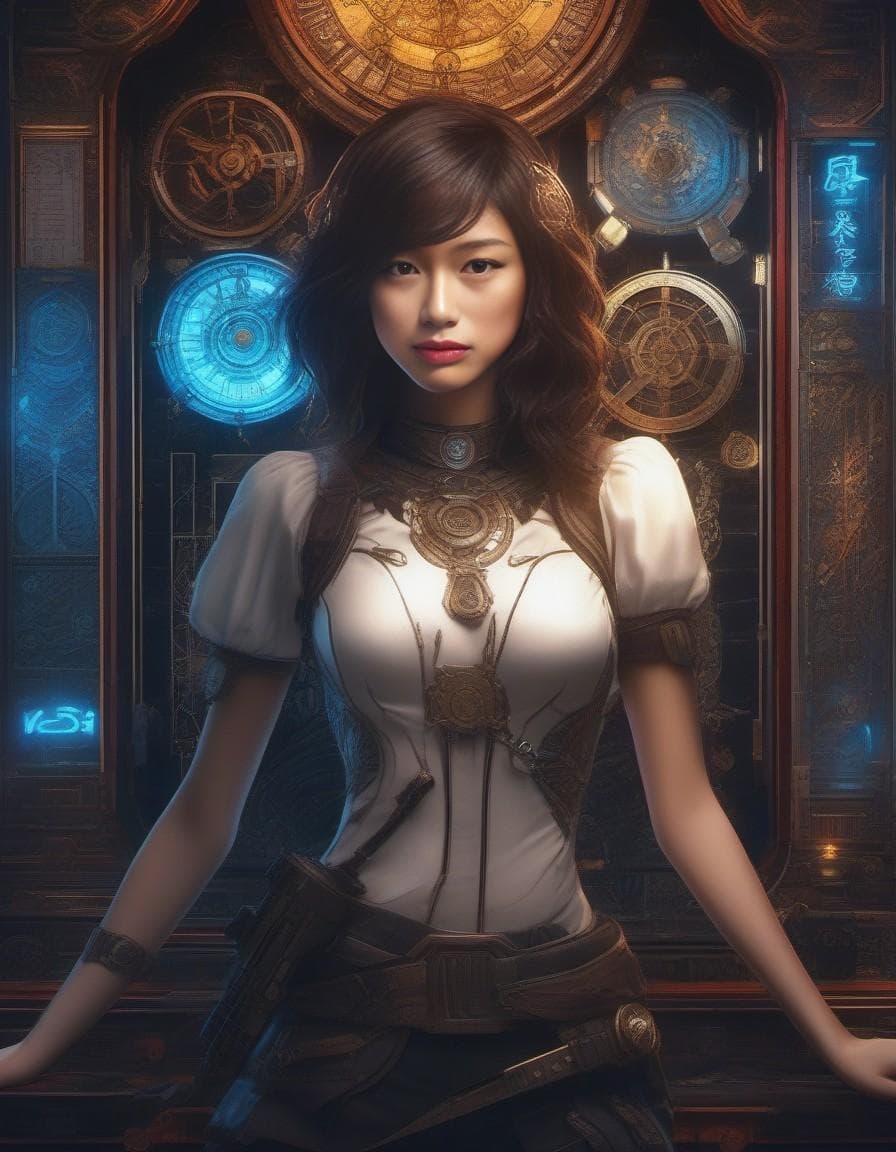 AI generated: (((Tarot card))), Tarot card frame made of cyberpunk clocks, Portrait of a woman holding a gun, very...