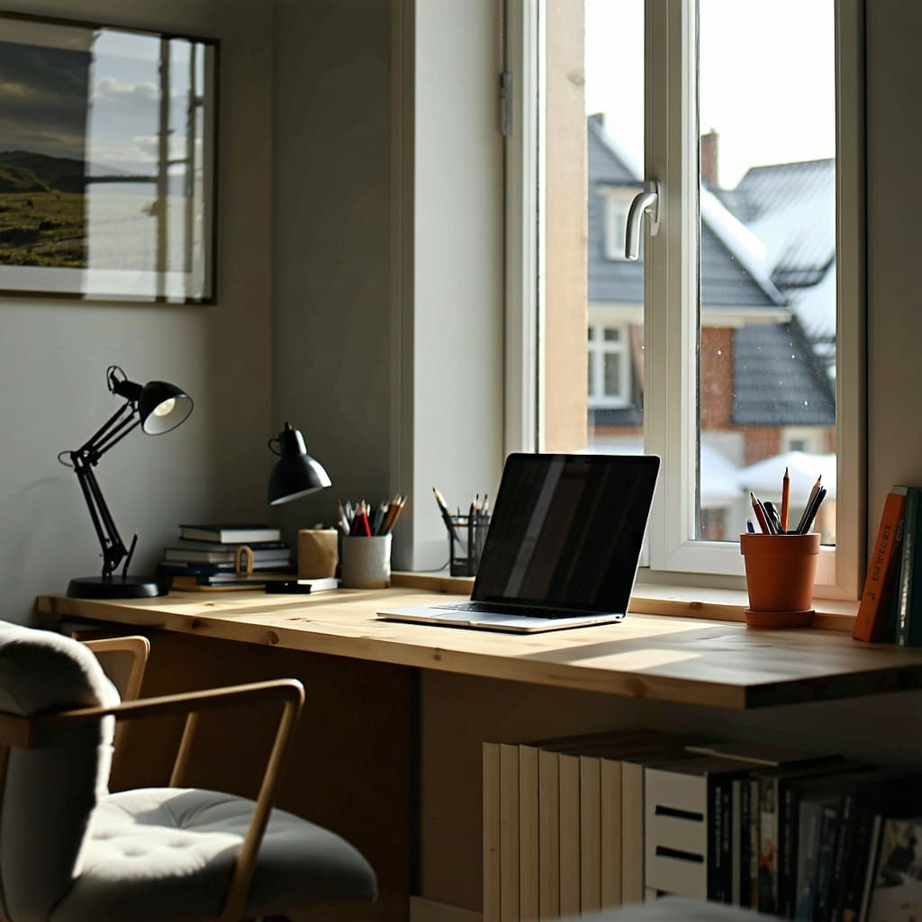 AI generated: A cozy Scandinavian home office, natural oak desk, ambient lighting from a floor-to-ceiling window, ...