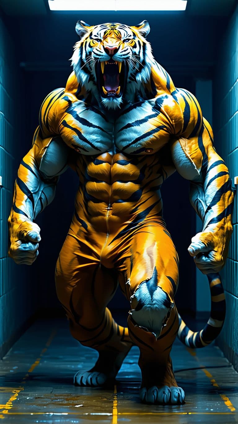 AI generated: A terrifying humanoid tiger with striped fur, an ultra-muscular chest, and sharp fangs, roaring in a...