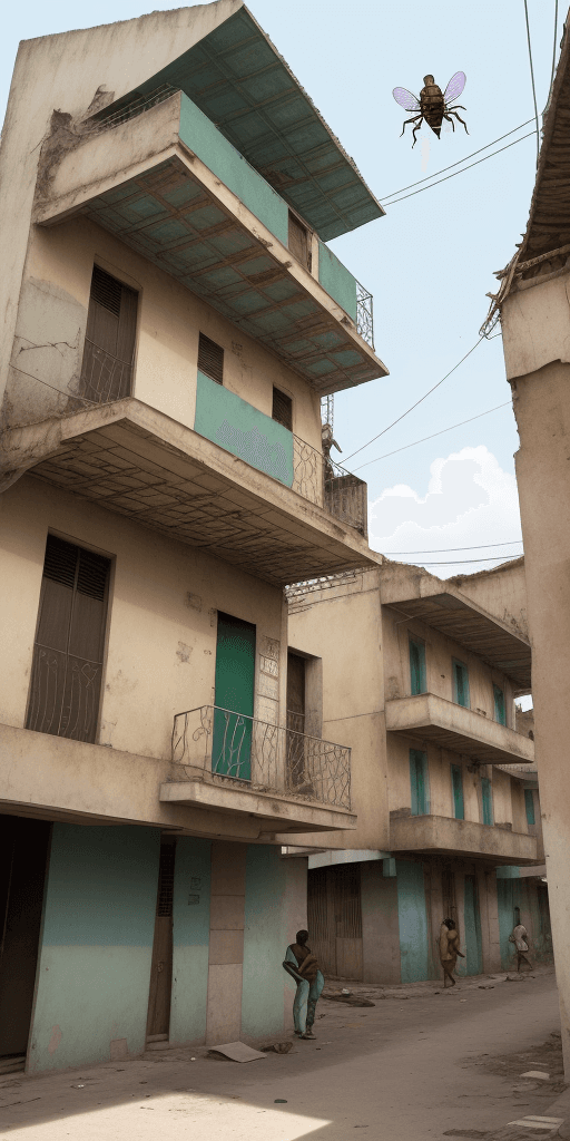 AI generated: 
guetto poor architecture /style with giant threes environnement / with giant insect and poor popula...