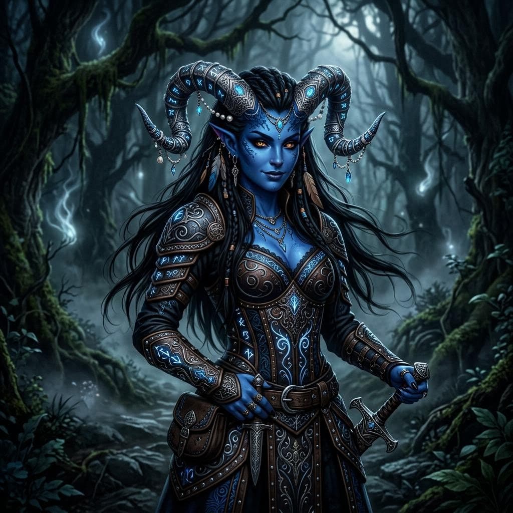 AI generated: a beautiful female demon with blue skin and black hair, ornately decorated devil horns and wearing i...