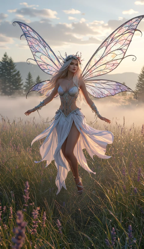 AI generated: Fairy flying over a misty meadow at dawn