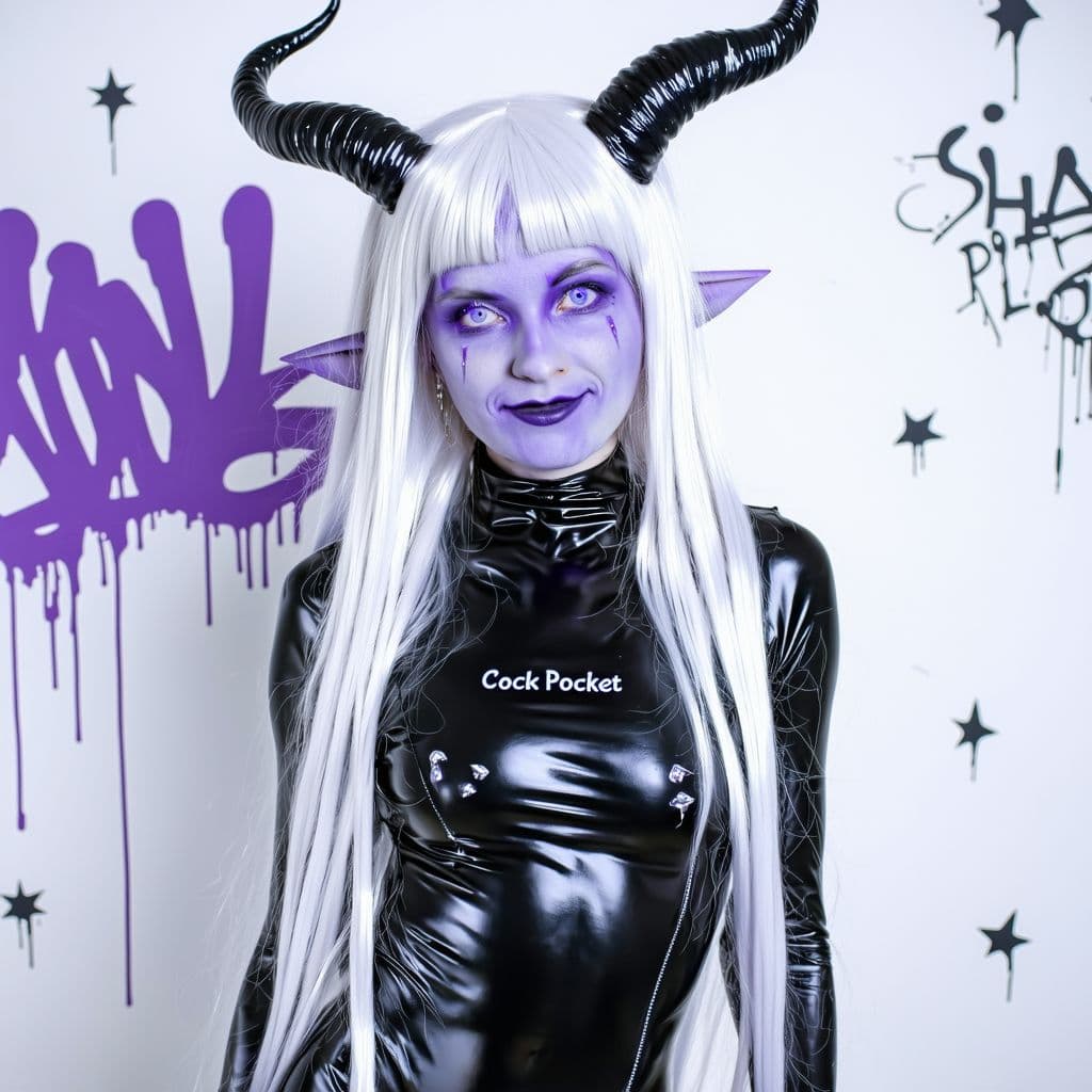 AI generated:  A hyper-realistic portrait of a female demon character with violet skin and long white hair, styled...