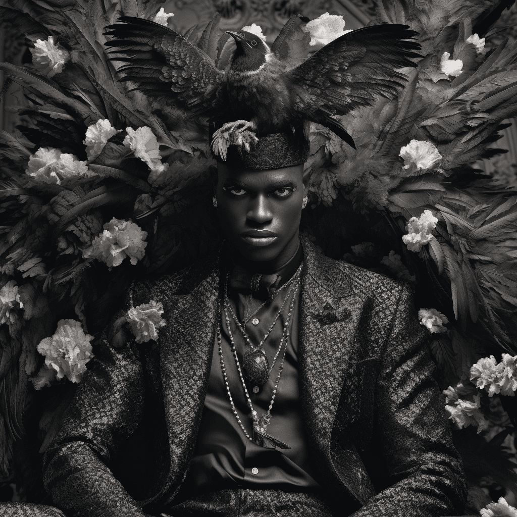 AI generated: black man in a gothic paradise fashion editorial
