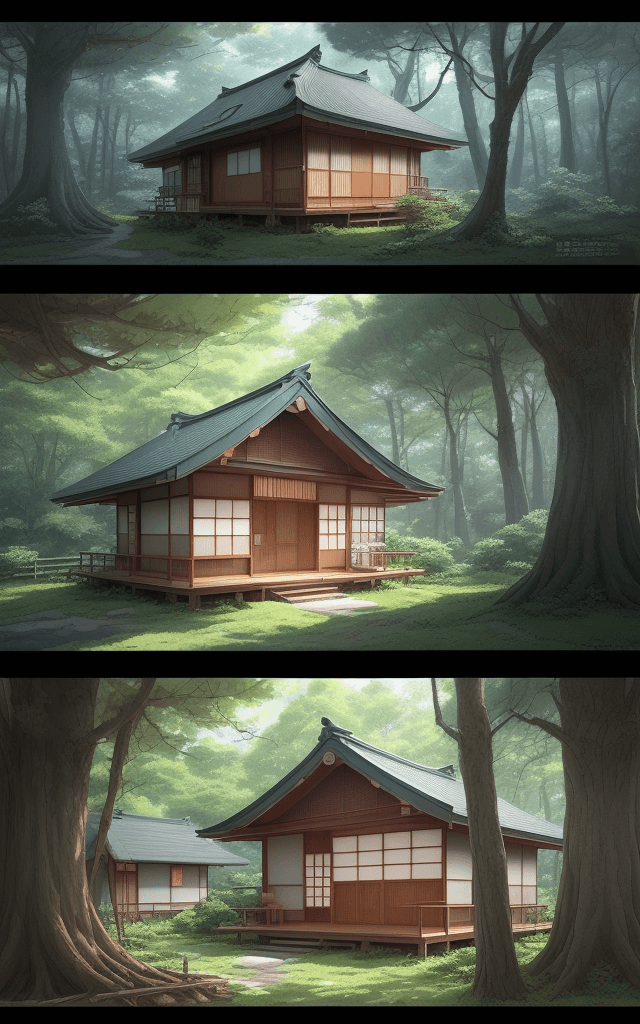 AI generated: anime illustration small house with simple furnitures in the morning with background forest, japanes...