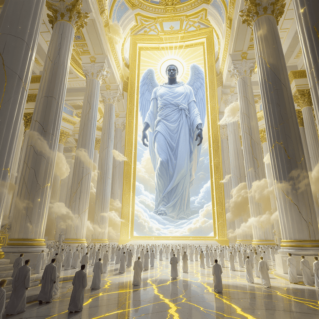 AI generated: A grand celestial hall high above the clouds, constructed from pure white marble with glowing golden...