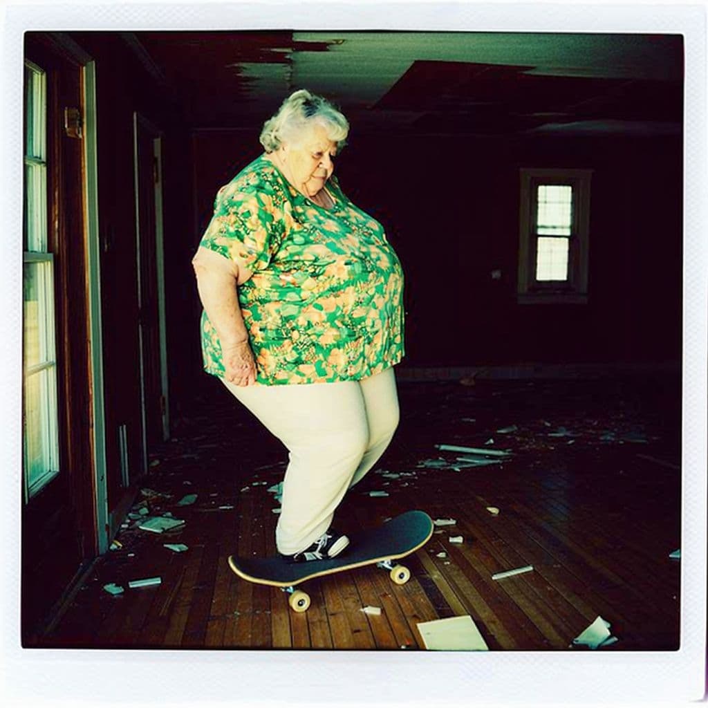 AI generated: impossibly fat skateboarding grandma in an old abandoned house hitting a kickflip, very creepy, aban...