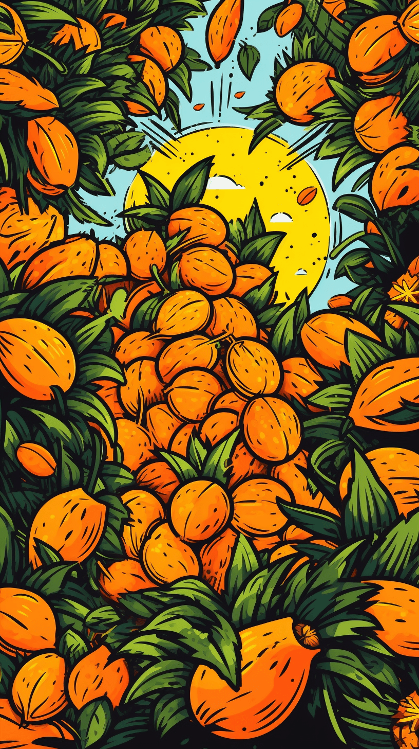 AI generated: A cute illustration, anime sweet mangoes dancing and playing, tropical-air, inspired by Art Spiegelm...